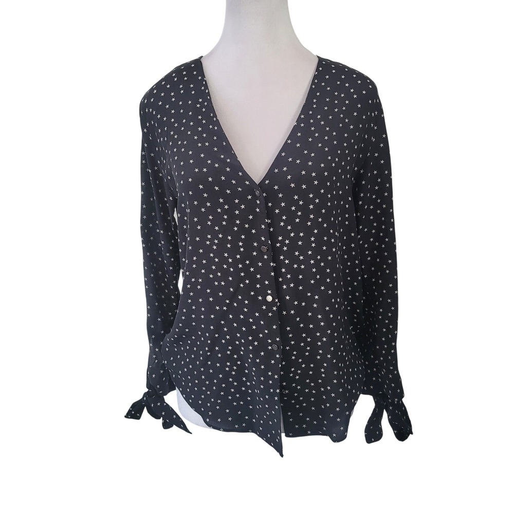 Madewell 100% Silk Star Print Tie‎ Cuff V-Neck Blouse Black White G7436 Small